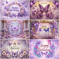 Dreamy Butterfly Purple Backdrop Elegant Purple Flower Birthday Party Decoration Photography Background Baby Shower Photo Studio