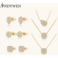 ANDYWEN 925 Sterling Silver Gold Round Zircon Pave CZ Charm Pendant Necklace Long Chain Choker Jewelry Set For Women Gift
