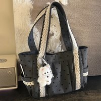 Polka Dot Lace 3D Flocked Canvas Bag Ins Korean Grey Large Capacity Tote Bag Casual School Bag for Students Daily Commute