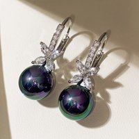 Luxury Black/purple Drop Pearls Earrings for Women Solid 925 Sterling Silver Cube Cubic Zirconia Ear Hook Bridal Wedding Jewelry