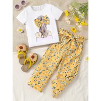 Girls Summer 2-Piece Set Cartoon Print T-Shirt & Floral Straight Leg Pants Breathable Kids Clothing Casual Outfit Fashion