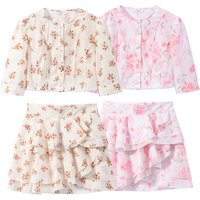 Fashion Women Printed Skirt Set Chic Floral Short Sleeve Single Breasted Round Neck Top And Ruffles Mini Skirt Summer Vacation