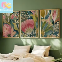 Frameless,Retro Floral Canvas Posters 3PCS Green Pink Natural Art Paintings Creative Murals Home Decorations Living Room Bedroom