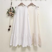 Japanese Sweet Mori Girl Embroidery Hem 100% Cotton Tank Dress Women Summer O-Neck Sleeveless Solid Color A-Line Dresses