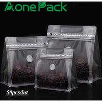 50pcs Reusable Color Frosted Clear Coffee Beans Packaging Bag with Air Valve Stand Up Sealed for Candy Nuts Food Storage Bags