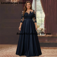 Navy Plus Size Mother of The Bride Dresses Customized Illusion O-Neck 3/4 Sleeves Lace Appliques A Line Mother Evening Dress