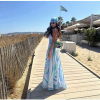 E P Enjoy Lightweight Illusory Print Top with Ultra Long A-Line Pleated Skirt High Waist Cotton Women's Summer Dress