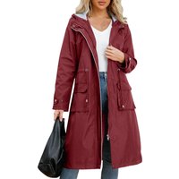 Women's Solid Colored Hooded Long Sleeved Trench Coat With Striped And Straight Tube Jacket Elegant British Style Windbreake