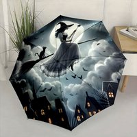 Witch and Cat Flying on a Broomstick Umbrella - Automatic Open/Close, 8-Rib Durable Design, Portable Folding Umbrella for Chri
