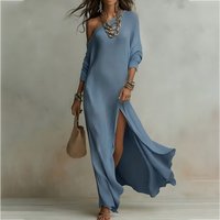 2026 Solid Patchwork Ladies Dresses Sexy High Slit Female Chic Maxi Dress Women Summer Autumn Slash Neck Elegant Party Dress