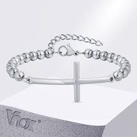 Vnox Simple Big Cross Bracelets with Glossy Stainless Steel Beads Bracelets, Adjustable Beaded Chain Men Religious Faith Jewlery