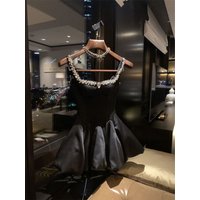 Summer Chic Slim Off Shoulder Black Dress Women Korean Vintage Ruffle Skinny Sleeveless Dresses Female Party Sweet Clothing New