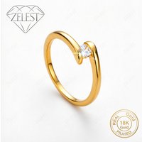 925 Sterling Silver Plated 18K Gold Simple Zirconia Ring, Women's Fashion Party Accessory, Gift Jewelry