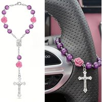 Car Rosary Cross Rose Medal Catholic Prayer Beads Rearview Mirror Hanging Ornament Auto Interior Decoration Religious Pendant