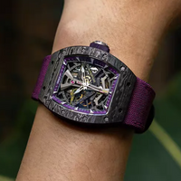 CRONUSART Men Automatic Watch 50mm Tonneau Mechanical Wristwatch Carbon Fibre Case Luminous Sapphire Mirror Skeleton Dial