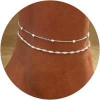 Sterling Silver Plated Stainless Steel Ankle Bracelets for Women, Waterproof Layered Twisted Chain Satellite Bead Anklets Set