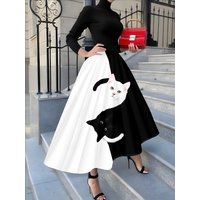 Black and White Cat Print Casual Midi Skirt for Women A-Line High Waist Summer Office Wear Fashionable Trendy Skirt