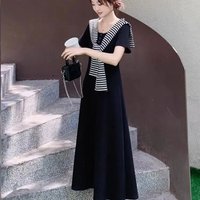 Black Long A-Line Dress with Striped Sailor Collar Short Sleeve Loose Fit Korean Style Summer Women's Maxi Dress