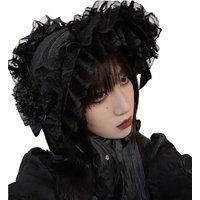 Handmade Vintage Victorian Gothic Tea Party Lace Straw Hat Lolita Girls Flowers Bonnet with Ruffles Halloween Black Headdress