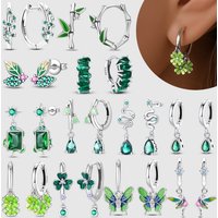 925 Silver Green Series Lucky Grass, Stone Inlaid Ear Buckle Suitable for Women's Wedding, Engagement, Birthday Party Gifts