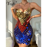 Sexy see through metal sequin summer mini dress woman 2026 backless club birthday party dress luxury evening dresses vestidos HL