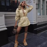 Streetwear Zipper Turn-down Collar Gothic Mini Dress Women Fall Winter Long Sleeve Drawstring Waist Pockets Party Club Y2K Dress