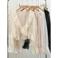Summer New Gentle Style Loose Flared Sleeve Shirt Women's Thin V-neck Long Sleeve Chiffon Blouse Lace Trim Korean Version