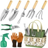 9 Piece Garden Weeding Tools Stainless Steel Gardening Tool Set with Wooden Handle, Weeder