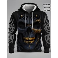 2025 Men's Fashion Skull 3D Print Zipper Pocket Hoodie Clothing Spring Autumn Casual Sports Oversize Long Sleeve Sweatshirt Tops