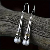 Vintage Temperament Silvery Plated Imitation Pearl Long Pendant Earrings Women Ethnic Style Fashion Banquet Jewelry Accessories