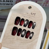 10Pcs Handmade Hand Drawn Black and Red Night Roses Nails False Cat Eye Nails Design for Girls Party&Summer Art