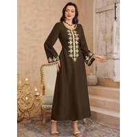 Eid Islamic Modest Abaya for Women Beige Floral Embroidery Brown Muslim Dress 2026 Elegant Dubai Round Neck Flare Sleeve Kaftan
