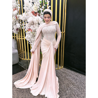 Pink Mermaid Muslim Prom Formal Dresses with Wrao Ruched Long Sleeve Applique Hijab Evening Occasion gown Middle East customsize