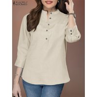 ZANZEA Women 3/4 Sleeve Solid Blouse Summer Vintage Cotton Shirts Casual Buttons Tunic Tops Elegant Work OL Blusas Loose Chemise