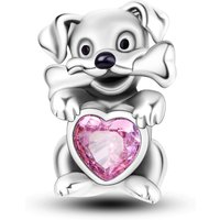 925 Sterling Silver Cute Puppy Dog Pink Heart CZ Charm Bead Pet Lover Women DIY Bracelet Necklace Jewelry