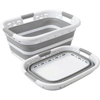 Pop Up Laundry Basket with 3 Carrier Handles Foldable Collapsible Portable Large Clothes Storage Plastic Hamper Folding Space Saving Curved Side Rectangle Shape Bucket Grey & White (with Holes at the