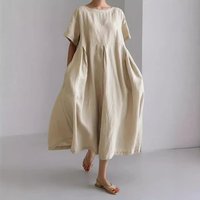 Loose Plus Size Dress 5-Color Round Neck Pullover Cotton Linen Fashion Casual Vacation Style Solid Color Sweet Women Long Skirt