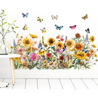 Sunflower Wildflower Butterfly Wall Decals, Colorful Flower Meadow Peel and Stick Stickers, Boho Floral Decor for Bedroom Living
