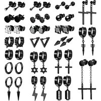 22 piece black men's earring set stainless steel small hug circle earrings cross studs and earrings, fashionable pierced jewelry
