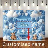 Custom Blue Bear Birthday Backdrop, Hot Air Balloon Party Banner, Polyester Background for Boy's 1st Birthday & Baby Shower