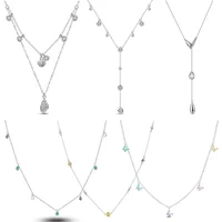 925 Sterling Silver Ocean Double Necklace Starlight Raindrop Four-leaf Clover Necklace for Women Anniversary Jewelry Gifts