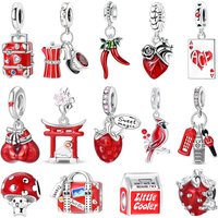 S925 Silver Red Food Travel Suitcase Coffee Chili Strawberry London Landmark Gloves Charm Inlaid Gem DIY Bracelet Gift Jewelry