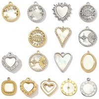 1 Piece 304 Stainless Steel & Natural Shell Charms 18K Gold Plated Round Heart Mirror Polishing Pendants For DIY Necklace Making