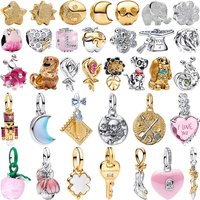 New 925 Sterling Silver Charm Bead Romantic Love Lucky Star Moon Rose Heart Clover Apple Inlaid Gem DIY Bracelet Fine Jewelr