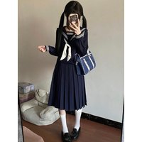 Japanese Style College Wind JK Uniform Long Sleeve Sailor Suit Soft Girl Style Outfit Set Navy Blue Long Skirt Breathable Pol...