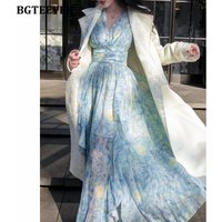 BGTEEVER Elegant V-neck Printed Chiffon Dress Women Long Sleeve Slim Ruffles Female A-line Dress Summer Vintage Ladies Vestidos