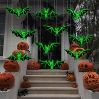 10pcs Halloween Hanging Glow-in-the-Dark Bats - 3D Glowing Green Plastic Decorations for Haunted House Parties