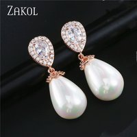 ZAKOL White Imitation Pearl Dangle Earrings for Women Fashion Water Drop Cubic Zirconia Bridal Earring Party Wedding Jewelry