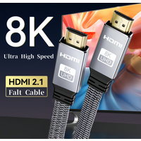 Câble HDMI plat 8K, 48 Gbps, haute vitesse, 8K60, 4K120, 144 Hz, câble HDMI 2.1 tressé, 3D, EARC, HDCP 2.2 et 2.3, compatible avec Roku TV/PS5