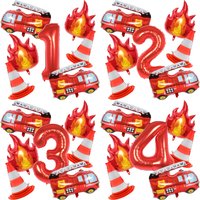 1Set Fire Truck Balloons Set Red 32Inch Number Balloon Flame Balloons For Baby Shower Firefighter Birthday Party Decoration